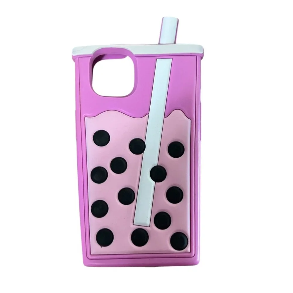 Pink Bubble Tea Design iPhone 13 Case With Pop-Out Straw & Protective Soft Silic